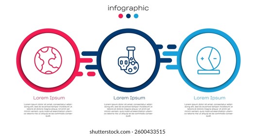 Set line Earth globe, Test tube with toxic liquid and Atom. Business infographic template. Vector