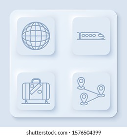 Set line Earth globe, Train, Suitcase for travel and stickers and Route location. White square button. Vector