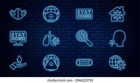 Set line Earth globe with virus, Man coughing, Stay home, Virus cells lung, Medical protective mask, under magnifying glass and medical icon. Vector