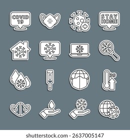 Set line Earth globe with virus, High human body temperature, Virus under magnifying glass, Positive, Corona on location, Stay home,  and statistics laptop icon. Vector