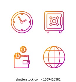 Set line Earth globe, Wallet with coins, Clock and Safe. Gradient color icons. Vector