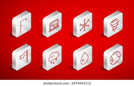 Set line Earth globe, Weather forecast, Snowflake, Tornado, Water drop, Fahrenheit, Cloud with snow and Meteorology windsock wind vane icon. Vector