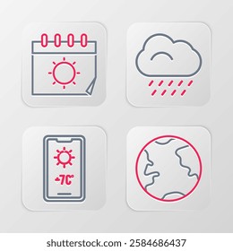 Set line Earth globe, Weather forecast, Cloud with rain and Calendar and sun icon. Vector