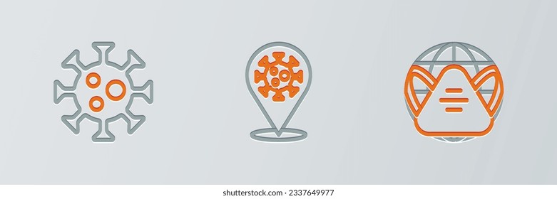 Set line Earth with medical mask, Virus and Corona virus 2019-nCoV on location icon. Vector
