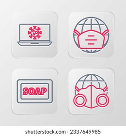 Set line Earth with medical mask, Bar of soap,  and Virus statistics on laptop icon. Vector