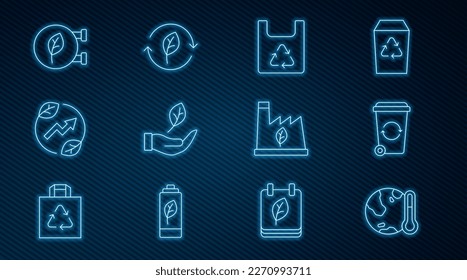 Set line Earth melting to global warming, Recycle bin, Shopping bag with recycle, Leaf hand, Electric saving plug leaf, Eco shop, Plant recycling garbage and symbol icon. Vector