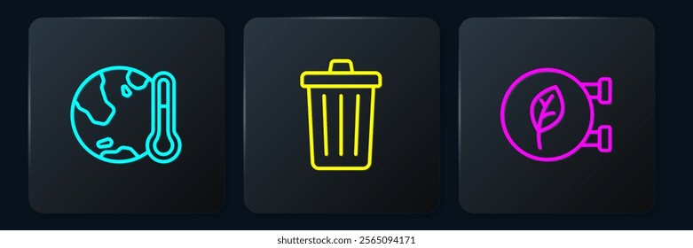 Set line Earth melting to global warming, Eco shop and Trash can. Black square button. Vector