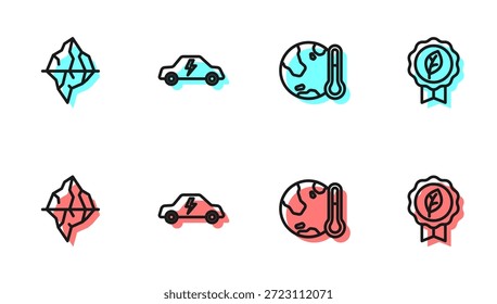 Fije la línea de fusión de la tierra al calentamiento global, el iceberg, el coche eléctrico y el icono del símbolo de la hoja ecológica. Vector