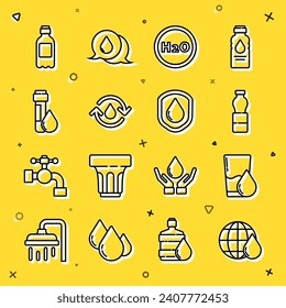 Set line Earth planet in water drop, Glass with, Bottle of, Chemical formula for H2O, Recycle clean aqua, Test tube,  and Waterproof icon. Vector