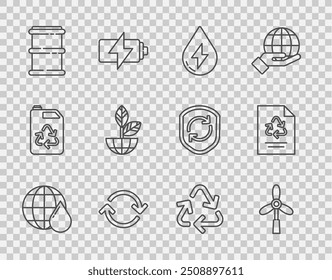 Set line Earth planet in water drop, Wind turbine, Water energy, Refresh, Barrel, globe and plant, Recycle symbol and Paper with recycle icon. Vector