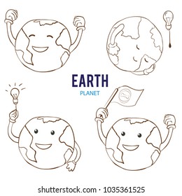 Set of line Earth planets. Cartoon earth globe turns out the lights. The planet is sleeping, waving its flag. Cartoon style.