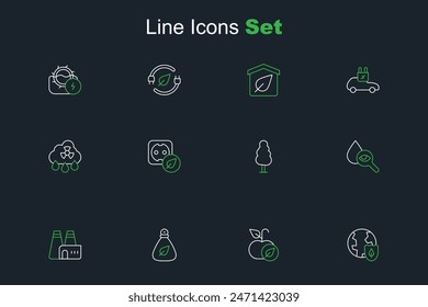Fije la línea Tierra con el escudo, la manzana, la bolsa de basura, la producción de fábrica, la gota y la lupa, el árbol, la salida eléctrica y el icono de nube radiactiva de lluvia ácida. Vector