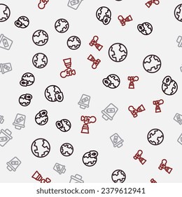 Set line Earth with shield, globe, Trash can and CO2 emissions in cloud on seamless pattern. Vector