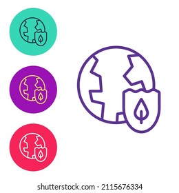Set line Earth with shield icon isolated on white background. Insurance concept. Security, safety, protection, privacy concept. Set icons colorful. Vector