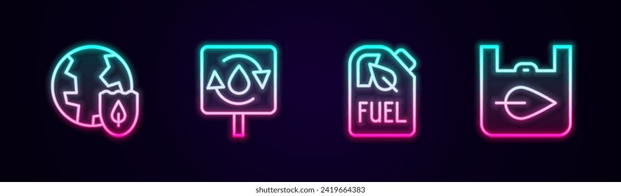 Set line Earth with shield, Recycle clean aqua, Bio fuel canister and Shopping bag recycle. Glowing neon icon. Vector