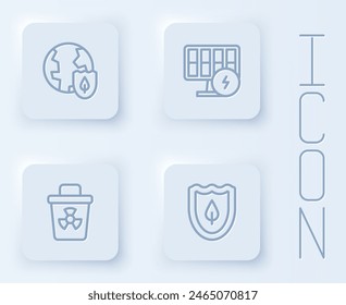 Set line Earth with shield, Solar energy panel, Infectious waste and Shield leaf. White square button. Vector
