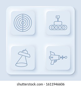 Set line Earth structure, Mars rover, UFO flying spaceship and Ray gun. White square button. Vector