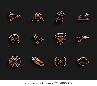 Set line Earth structure, Planet, Ray gun, Cosmic ship, Falling star,  and Black hole icon. Vector