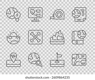 Set line Earthquake, Topographic map, Roulette construction, Magnifying glass with globe, Global planet bulb, Archeology, Flag and and book icon. Vector