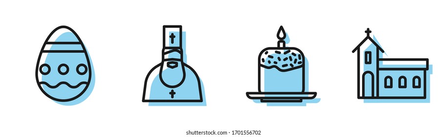 Set line Easter cake and candle, Easter egg, Priest and Church building icon. Vector