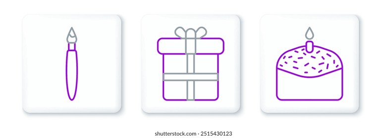 Set line Easter cake and candle, Paint brush and Gift box icon. Vector