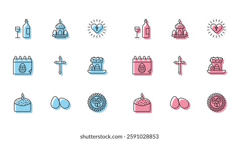 Set line Easter cake and candle, eggs, Wine bottle with glass, wicker nest, Christian cross, Calendar and  icon. Vector