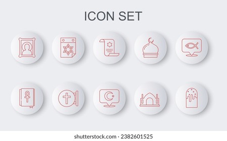 Set line Easter cake, Cross ankh book, Torah scroll, Hindu spiritual temple, Christian icon, Jewish calendar, cross and Star and crescent icon. Vector