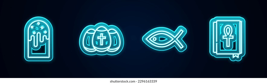 Set line Easter cake, egg, Christian fish and Cross ankh book. Glowing neon icon. Vector