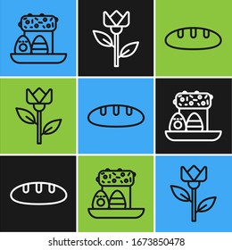 Set line Easter cake and eggs, Bread loaf and Flower tulip icon. Vector