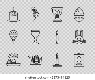 Set line Easter cake and eggs, Greeting card with Happy, Christian chalice, candle, Wine glass, Burning candlestick and rabbit icon. Vector
