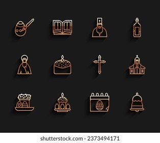 Set line Easter cake and eggs, paint brush, Calendar with, Ringing bell, candle, Church building and Christian cross icon. Vector