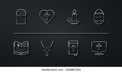 Set line Easter cake, Holy bible book, egg, Christian cross on chain, heart, Location church building and Burning candle candlestick icon. Vector