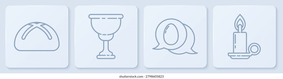 Set line Easter cake, Speech bubble with easter egg, Christian chalice and Burning candle in candlestick. White square button. Vector