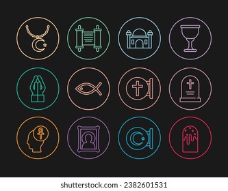 Set line Easter cake, Tombstone with cross, Muslim Mosque, Christian fish, Hands in praying position, Star crescent chain,  and Decree, paper, parchment, scroll icon. Vector