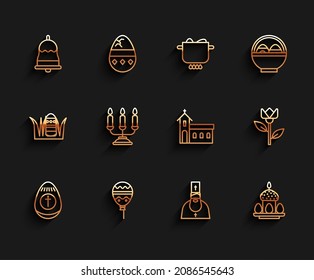 Set line Easter egg, Balloons with ribbon, Ringing bell, Priest, cake and eggs, Candelabrum candlesticks, Flower tulip and Church building icon. Vector