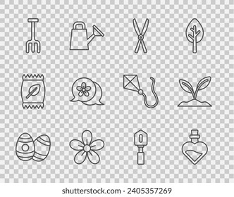 Set line Easter egg, Bottle with love potion, Gardening handmade scissors, Flower, rake, Shovel and Sprout icon. Vector