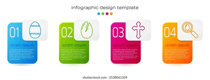 Set line Easter egg, Broken egg, Christian cross and Search and easter egg. Business infographic template. Vector