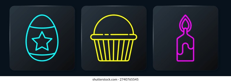 Set line Easter egg, Burning candle and Easter cake. Black square button. Vector