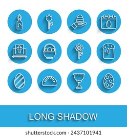 Set line Easter egg, cake, Burning candle, Christian chalice, Basket with easter eggs,  and Flower icon. Vector