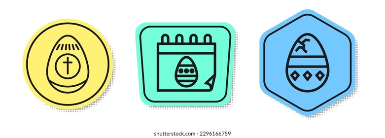 Set line Easter egg, Calendar with Easter egg and Cracked egg. Colored shapes. Vector