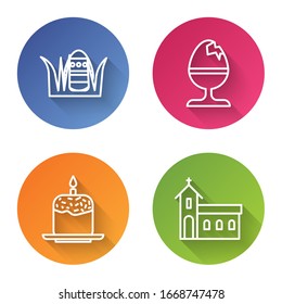 Set line Easter egg, Chicken egg on a stand, Easter cake and candle and Church building. Color circle button. Vector
