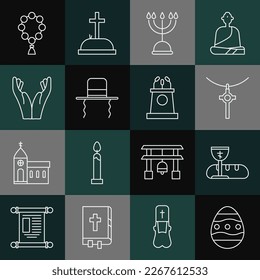 Set line Easter egg, Christian cross chain, Hanukkah menorah, Orthodox jewish hat with sidelocks, Hands praying position, Rosary beads religion and Stage stand tribune icon. Vector