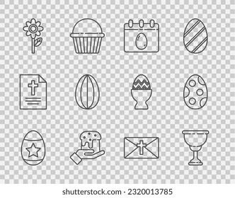 Fijar línea huevo de Pascua, cáliz cristiano, Calendario con, Pastel de mano y de pascua, Flor, Tarjeta de saludo Feliz e icono. Vector