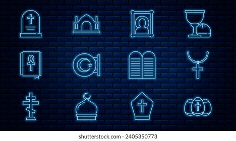 Set line Easter egg, Christian cross on chain, icon, Star and crescent, Cross ankh book, Tombstone with, The commandments and Hindu spiritual temple icon. Vector