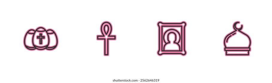 Set line Easter egg, Christian icon, Cross ankh and Muslim Mosque icon. Vector