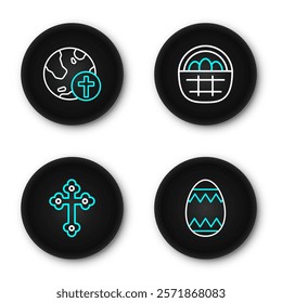 Set line Easter egg, Christian cross, Basket with easter eggs and globe icon. Vector