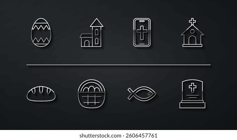 Set line Easter egg, Christian bread, Church building, fish symbol, Basket with easter eggs, Grave tombstone and cross phone icon. Vector