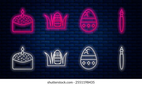 Set line Easter egg, Cracked egg, Easter cake and candle and Paint brush. Glowing neon icon on brick wall. Vector