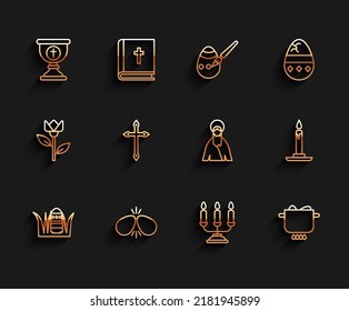 Set line Easter egg, eggs, Christian chalice, Candelabrum with candlesticks, Egg in hot pot, cross, Burning and Jesus icon. Vector
