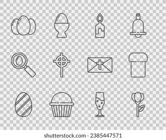 Set line Easter egg, Flower tulip, Burning candle, cake, eggs, Christian cross, Wine glass and  icon. Vector